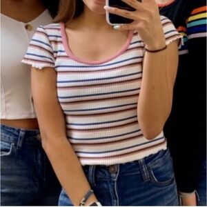 Abercrombie &‎ Fitch Striped Ribbed Knit Top Cropped Pink Trim